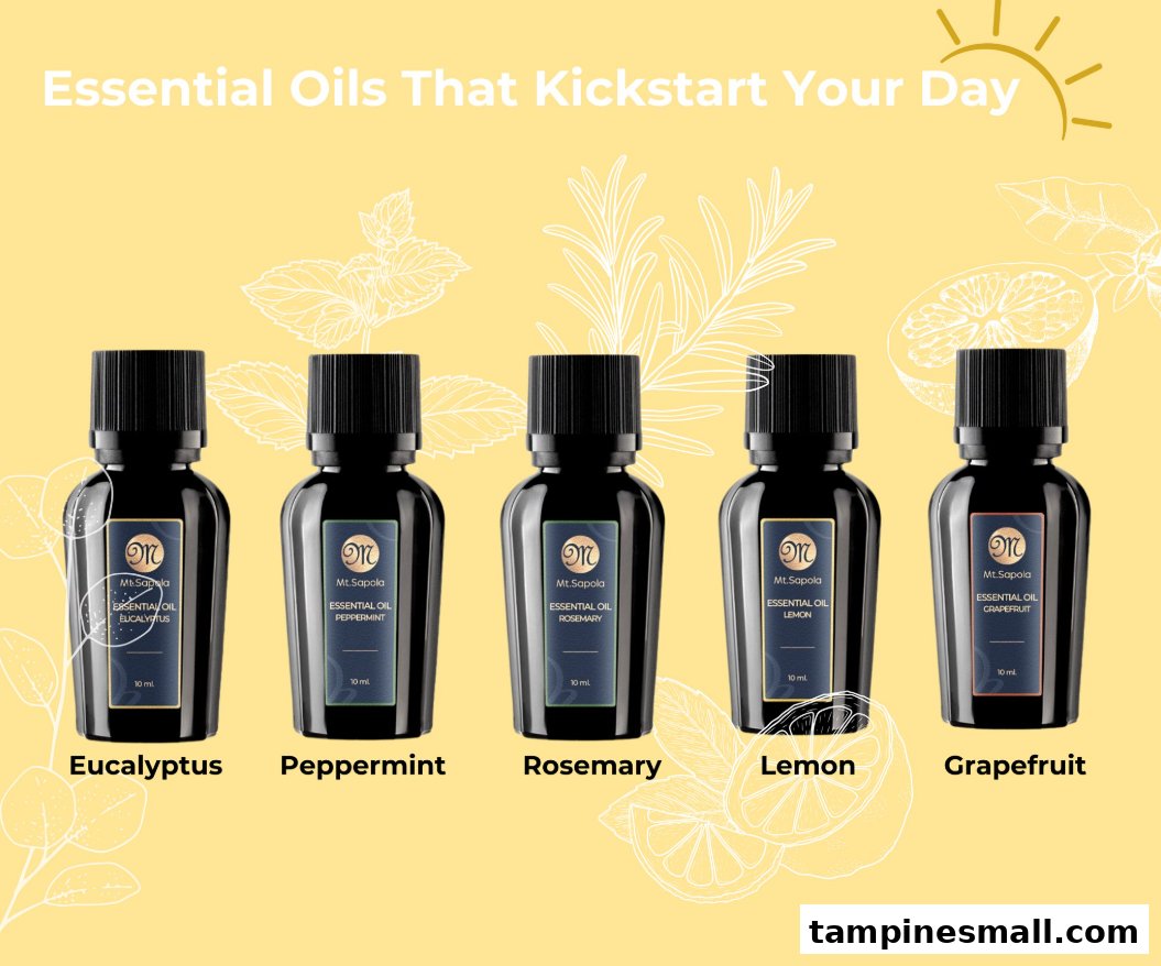 Five bottles of Mt.Sapola essential oils in various scents are displayed.