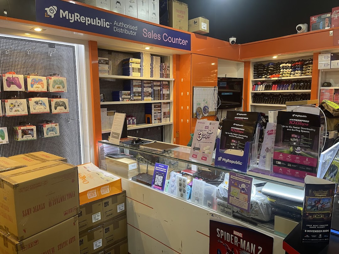 MyRepublic sales counter showcasing gaming products, software, and high-speed internet service promotions.