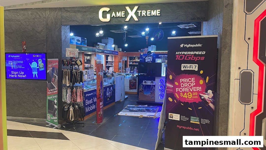 The entrance of MyRepublic Tampines Mall, featuring GAME XTREME branding and internet service promotions.
