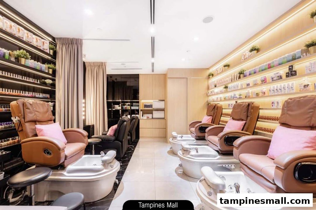A modern nail spa interior featuring comfortable pedicure chairs, foot baths, and illuminated product displays.
