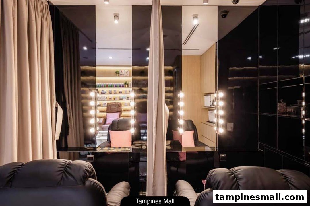 Interior view of N20 Nail Spa showing comfortable chairs, vanity mirrors, and nail product displays.