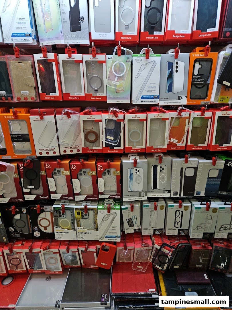 A wall display showcasing a wide variety of smartphone cases and accessories for different models.
