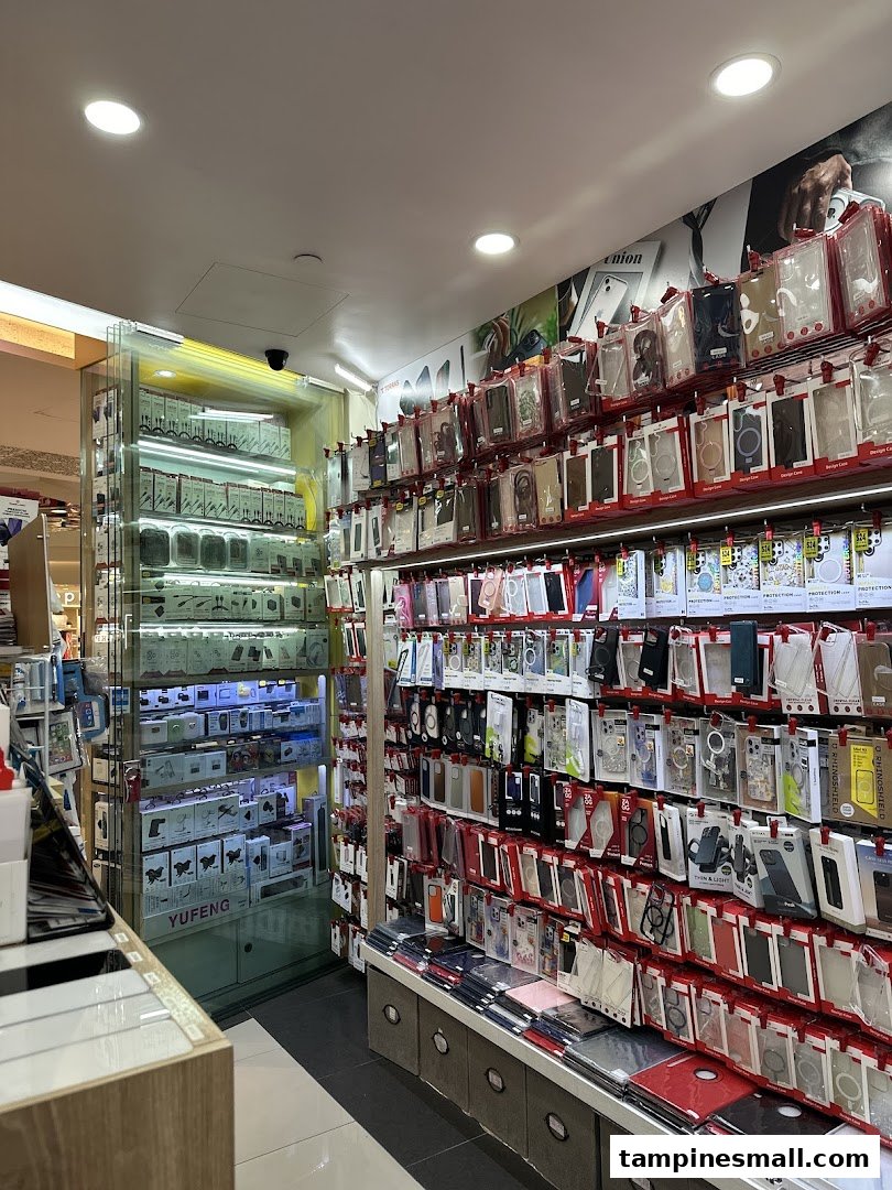 Interior view of a tech accessories shop displaying a wide variety of phone cases and mobile accessories.