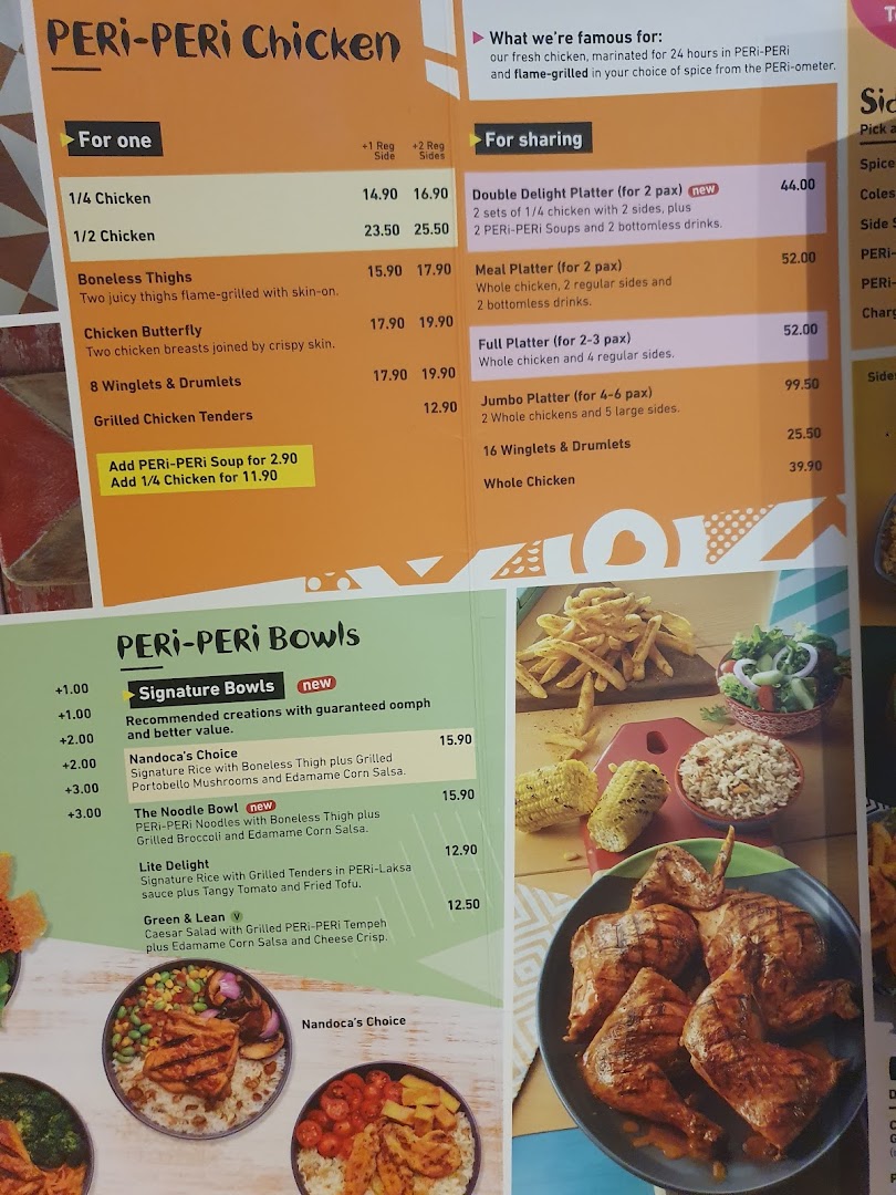 Nando's menu board displaying PERi-PERi chicken and bowl options with prices.