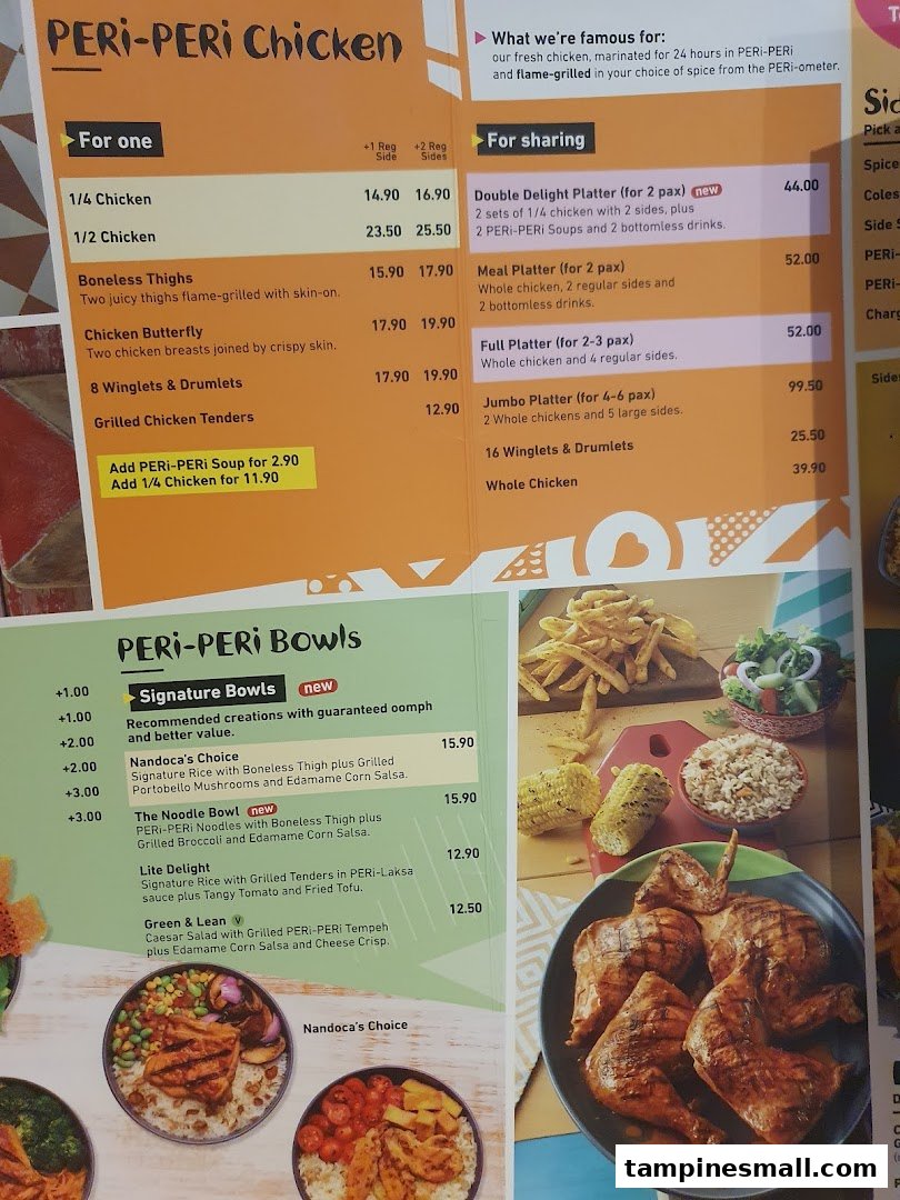 Nando's menu board displaying PERi-PERi chicken and bowl options with prices.