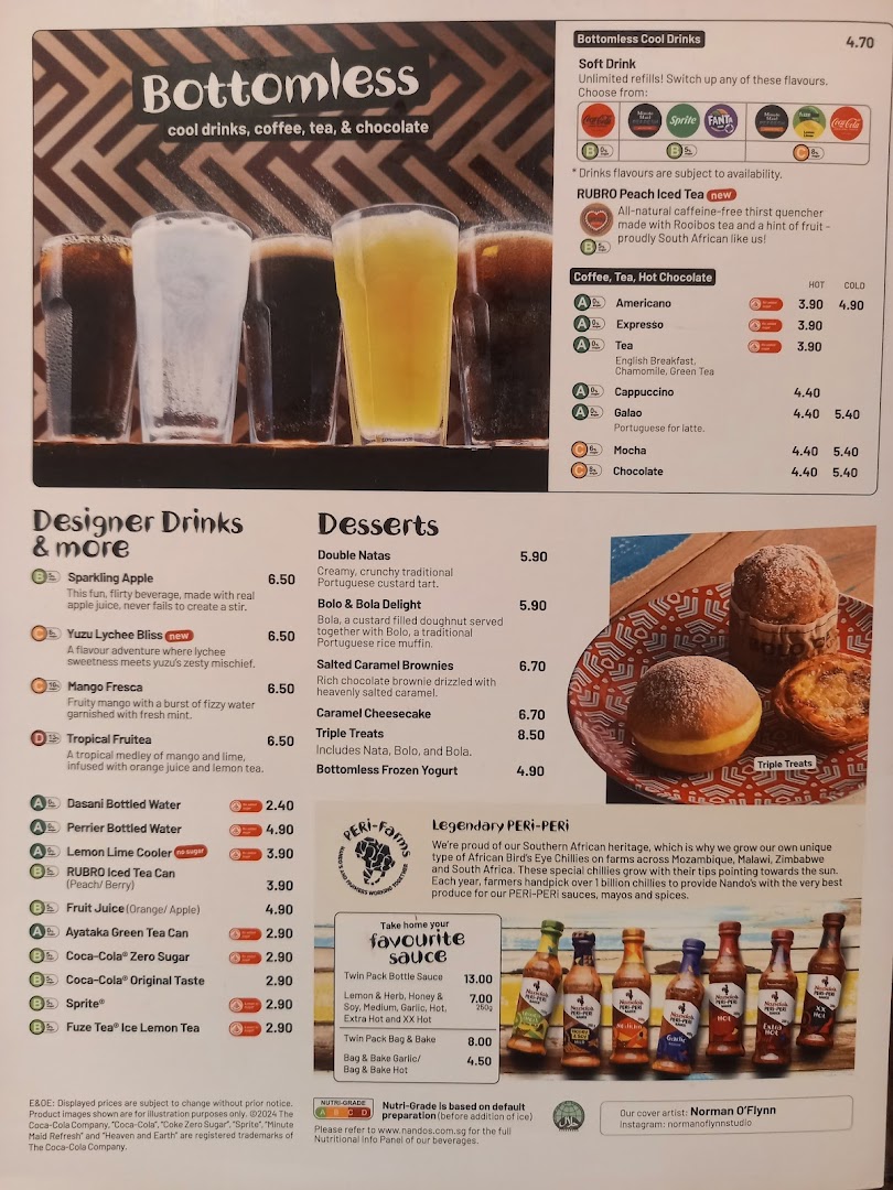 A detailed Nando's menu displaying a variety of drinks, desserts, and PERi-PERi sauces.