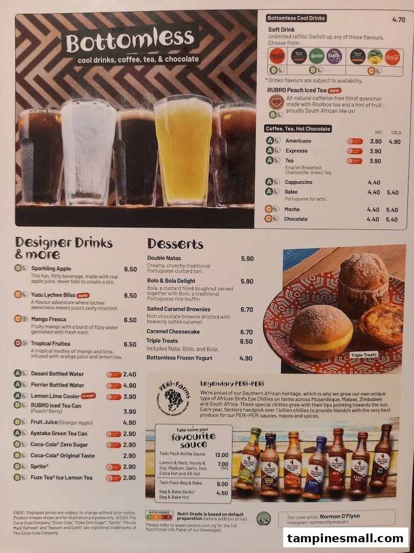 A detailed Nando's menu displaying a variety of drinks, desserts, and PERi-PERi sauces.