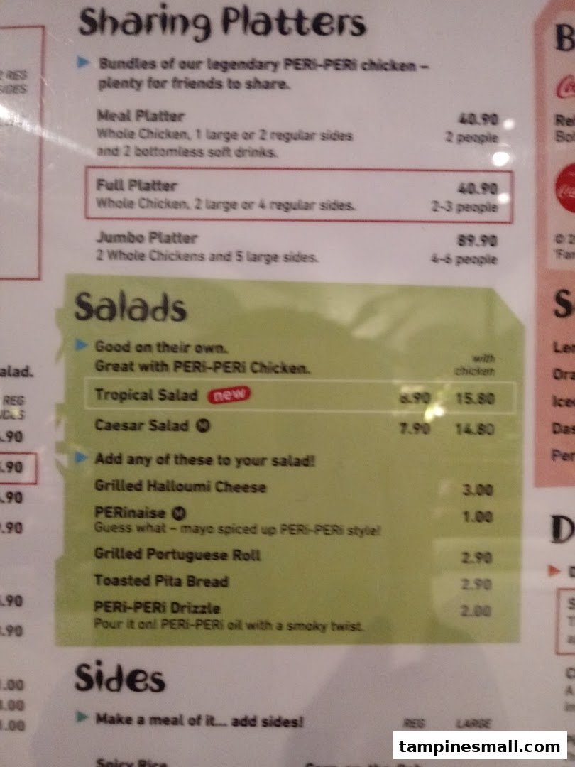 A close-up of the Nando's menu, featuring sharing platters, salads, and sides.