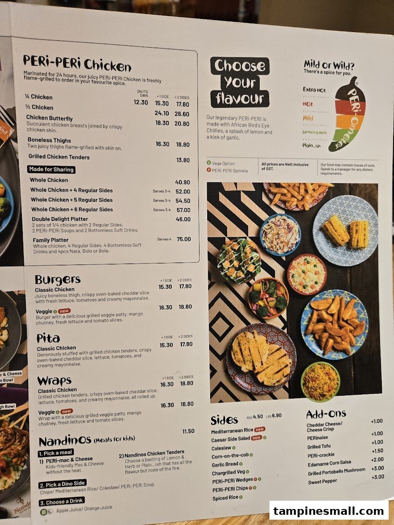 A detailed menu from Nandos, showcasing their PERI-PERI chicken, burgers, sides, and more.