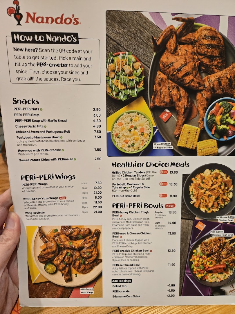 A detailed Nando's menu showcasing flame-grilled chicken, sides, and PERi-PERi dishes.