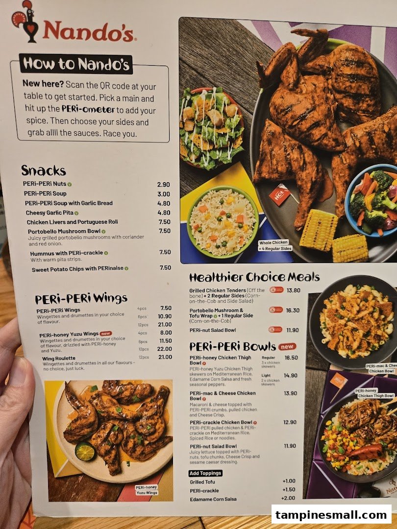 A detailed Nando's menu showcasing flame-grilled chicken, sides, and PERi-PERi dishes.