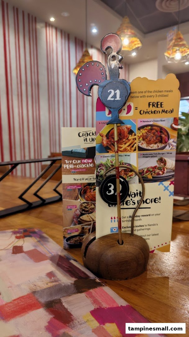 A Nando's table setting featuring a rooster-shaped table number and a promotional menu stand.