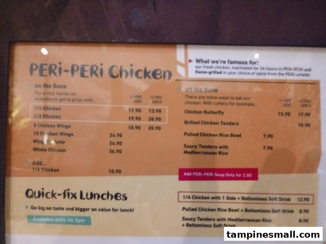 A detailed menu board displaying Nando's PERi-PERi chicken dishes and prices.