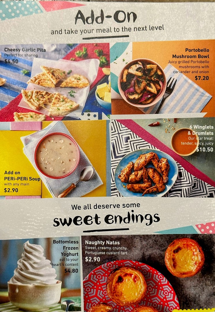 A menu displaying Nando's add-ons and sweet endings, including prices and descriptions.