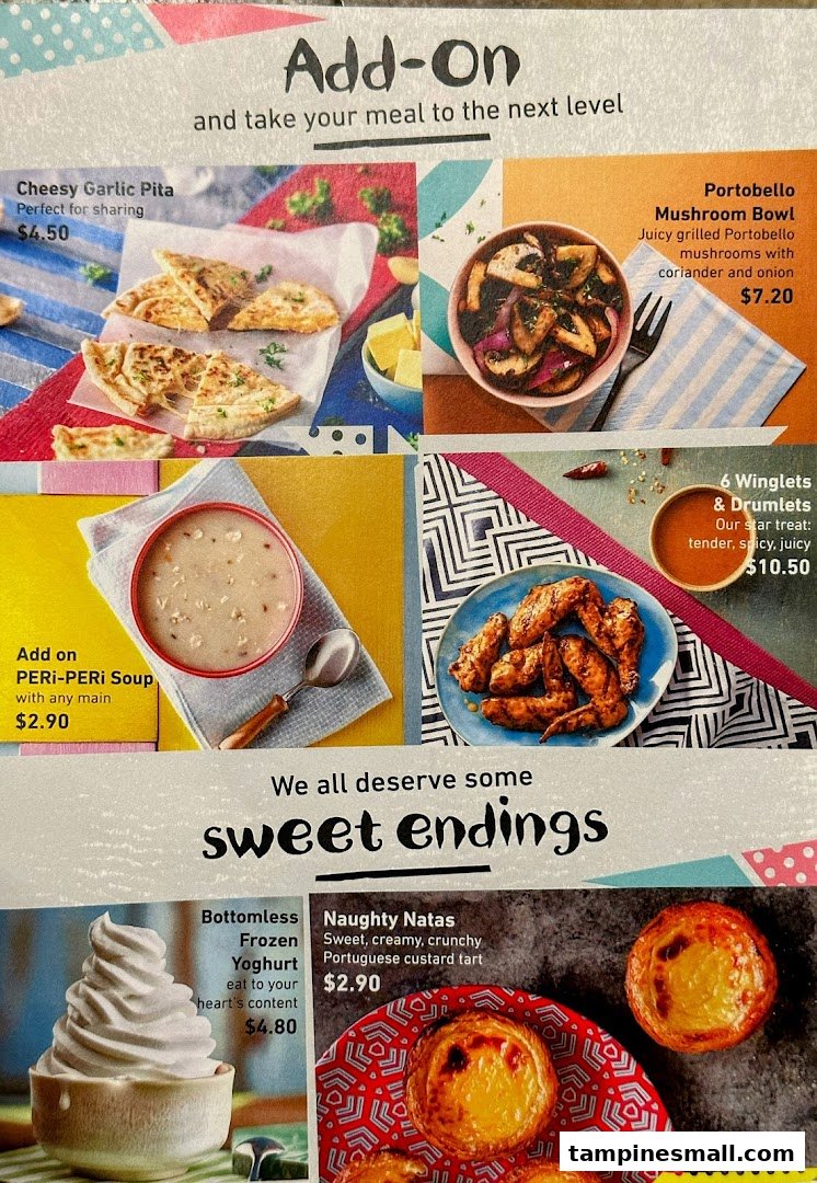 A menu displaying Nando's add-ons and sweet endings, including prices and descriptions.