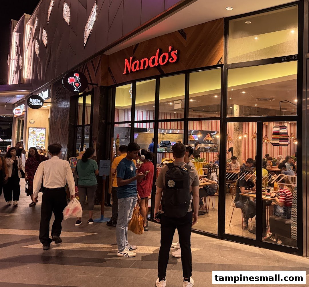 Nando's Tampines Mall shopfront at night, showcasing its vibrant interior and customers.