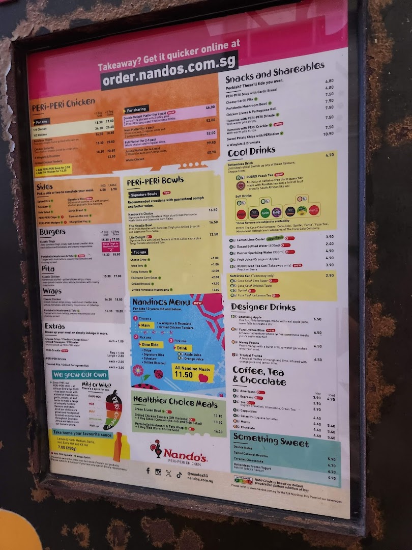 A detailed Nando's menu board displaying PERi-PERi chicken, sides, drinks, and desserts.