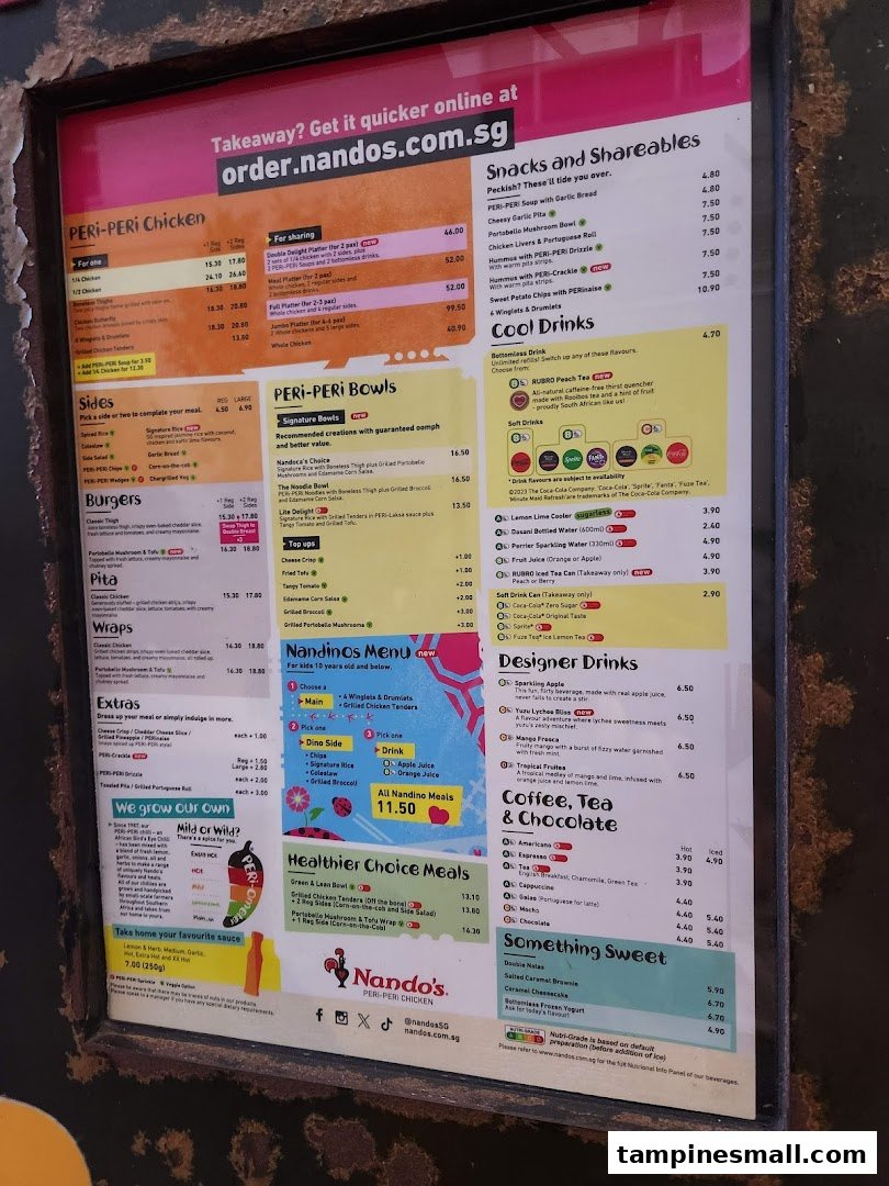 A detailed Nando's menu board displaying PERi-PERi chicken, sides, drinks, and desserts.