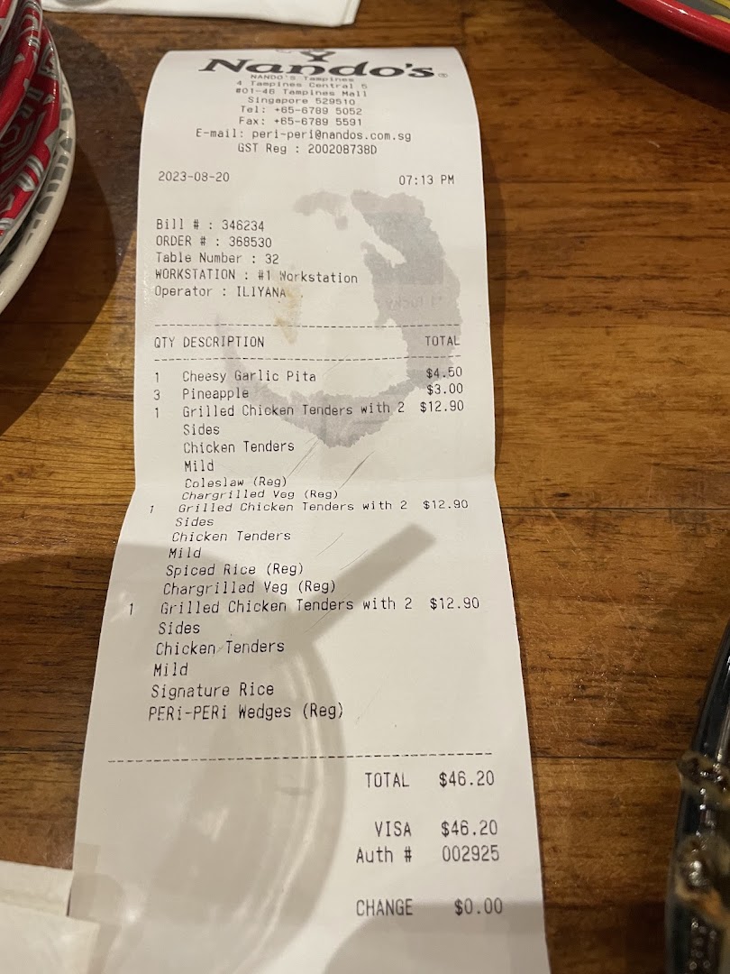 A Nando's receipt detailing a customer's order with item names and prices.