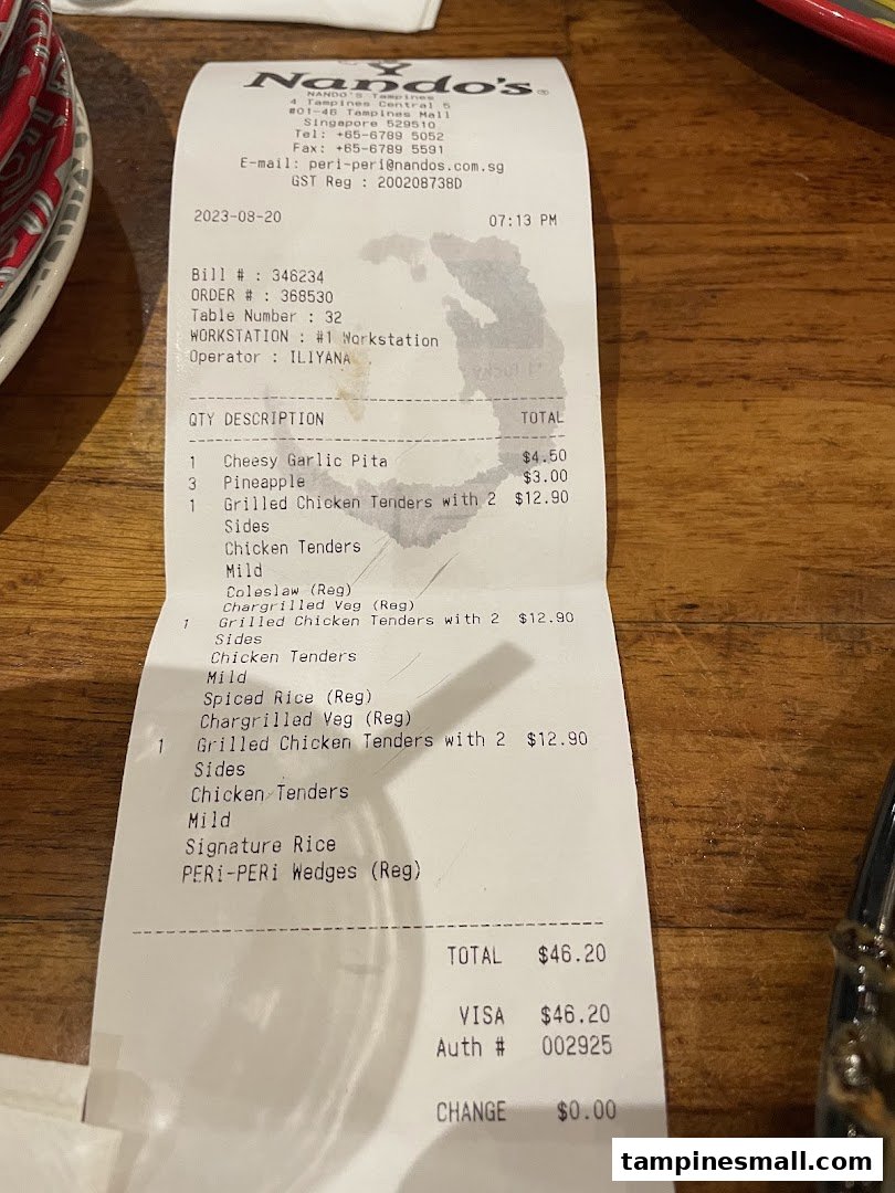 A Nando's receipt detailing a customer's order with item names and prices.