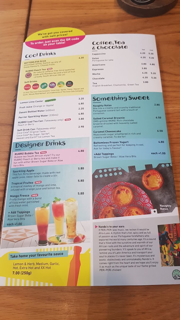 A detailed menu from Nando's, showcasing a variety of drinks, desserts, and sauces.