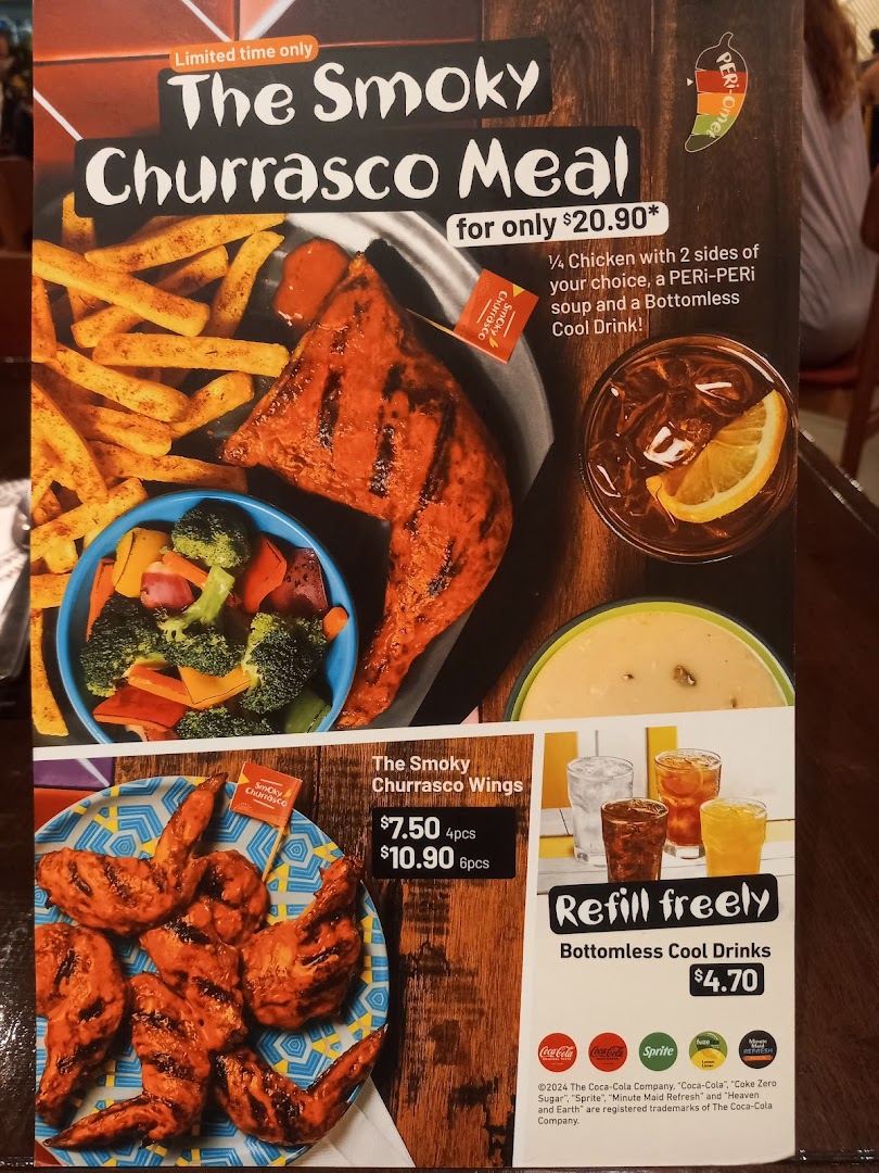 A Nando's menu showcasing the limited-time Smoky Churrasco Meal, wings, and bottomless drinks.
