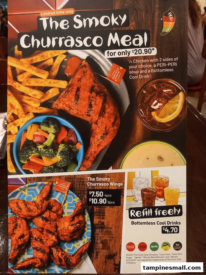 A Nando's menu showcasing the limited-time Smoky Churrasco Meal, wings, and bottomless drinks.