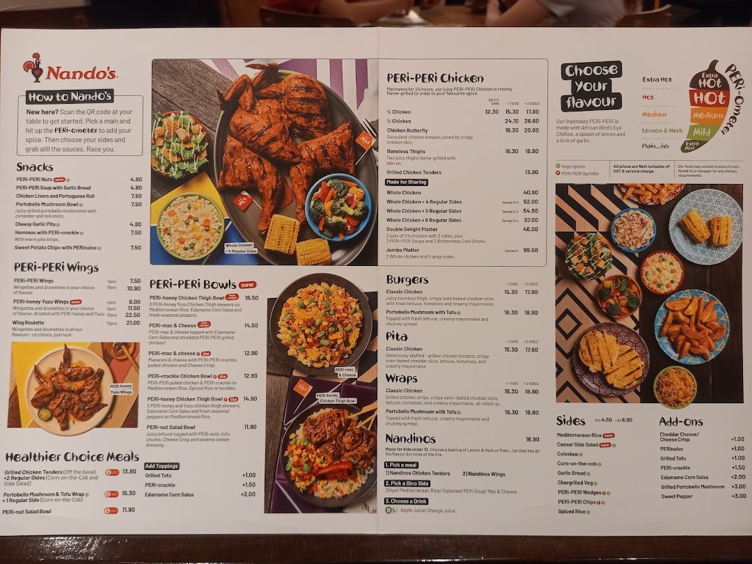 A detailed Nando's menu displaying various PERi-PERi chicken dishes, sides, and beverages.