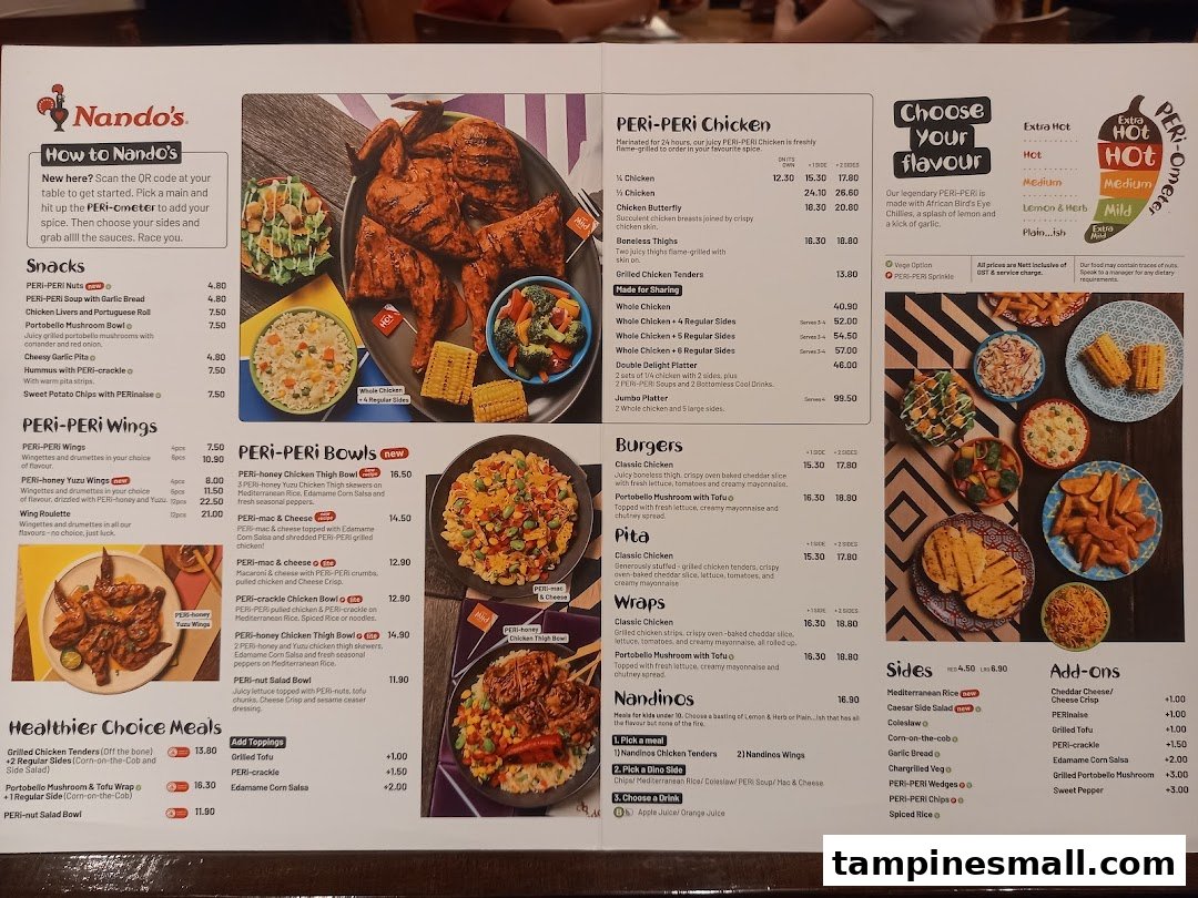 A detailed Nando's menu displaying various PERi-PERi chicken dishes, sides, and beverages.