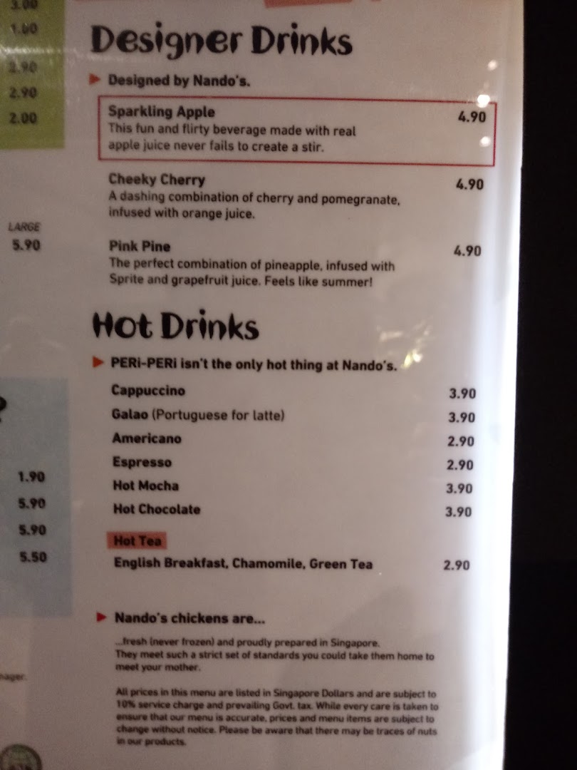 A close-up of Nando's menu featuring designer and hot drinks with prices.