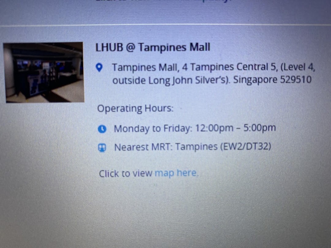 Details for NTUC LearningHub at Tampines Mall, including address, operating hours, and MRT access.