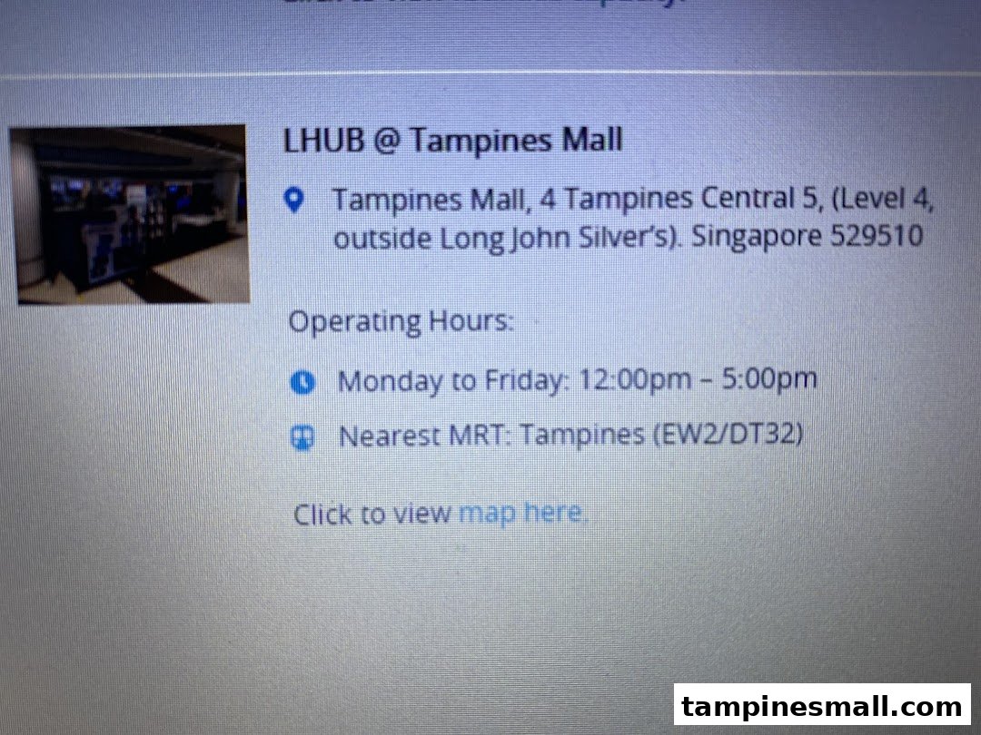 Details for NTUC LearningHub at Tampines Mall, including address, operating hours, and MRT access.