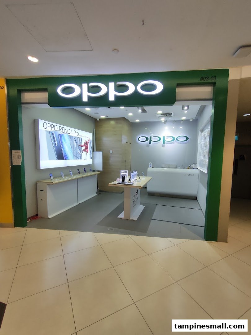 The bright, modern entrance of an OPPO Concept Store showcasing smartphones and a service counter.