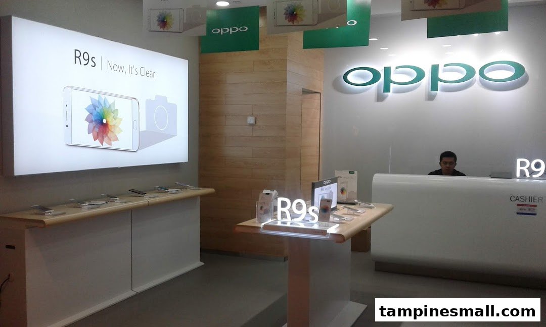 Interior view of an OPPO Concept Store, showcasing smartphones, displays, and a cashier counter.
