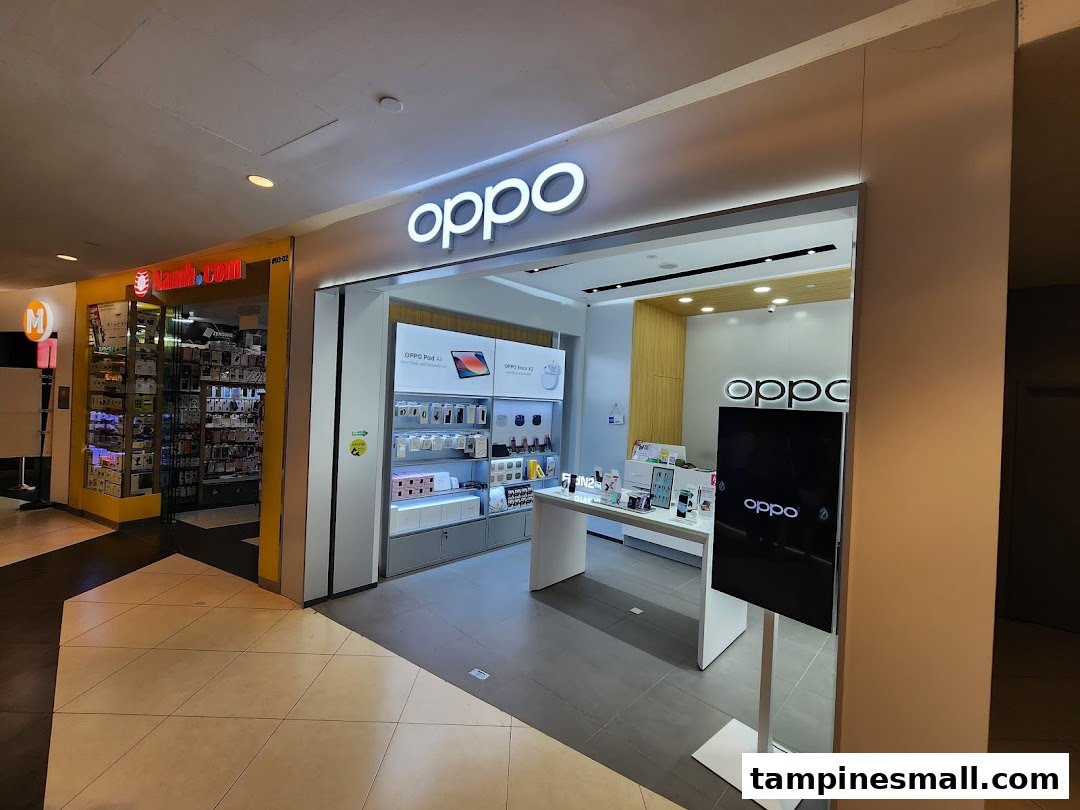 The brightly lit entrance of an OPPO Concept Store showcasing smartphones and accessories.