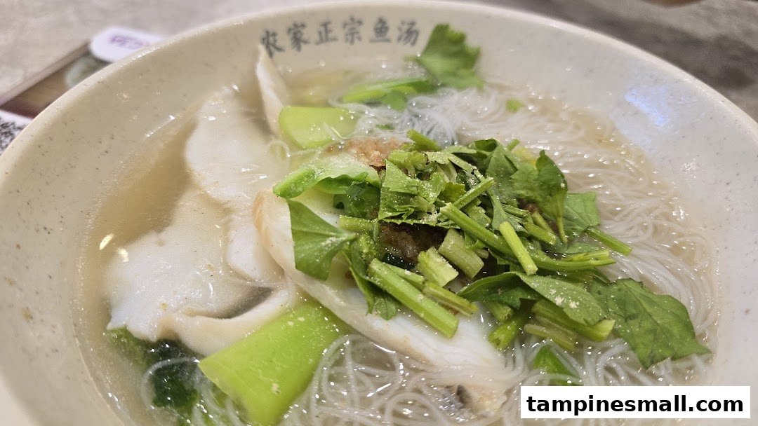 A close-up of a bowl of fish soup with thin noodles, fish slices, and green vegetables.