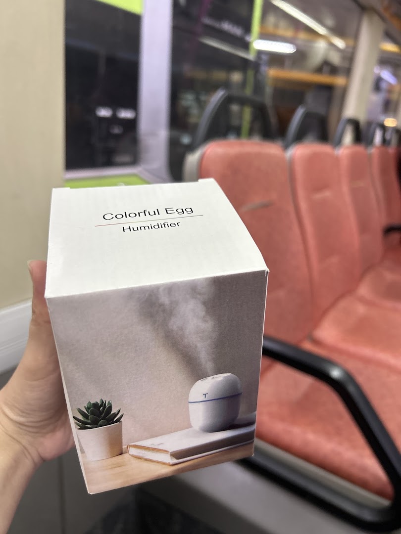 A hand holds a product box for a 'Colorful Egg Humidifier' with a vehicle interior in the background.