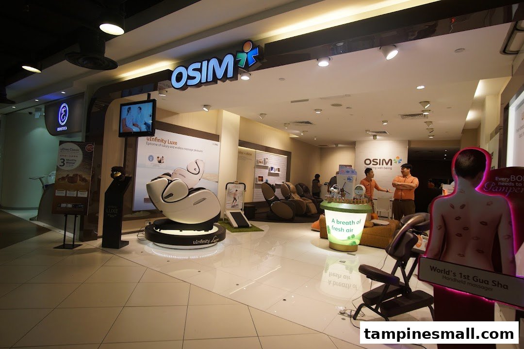 The OSIM store entrance showcases various massage chairs and wellness products, inviting customers to experience relaxation.