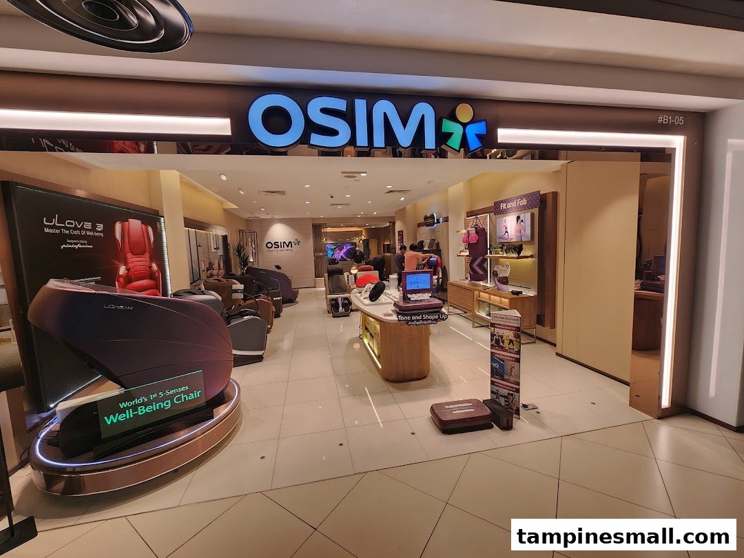 The OSIM shop entrance showcases various massage chairs and wellness products in a brightly lit retail space.