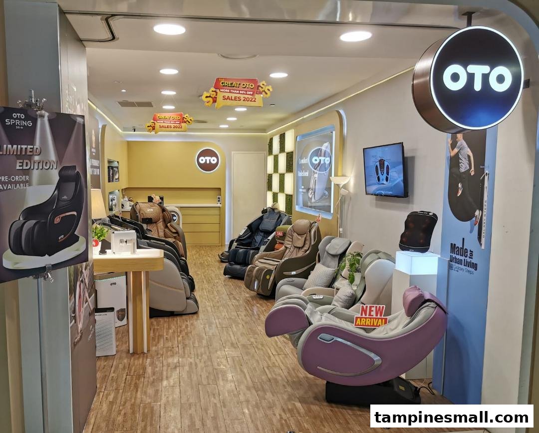 The OTO Wellness shop entrance showcasing a variety of massage chairs and wellness products.