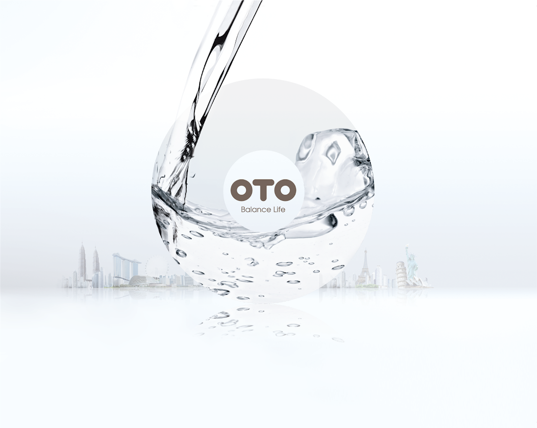 A clean, minimalist OTO logo with a water droplet design and faint global city skylines.