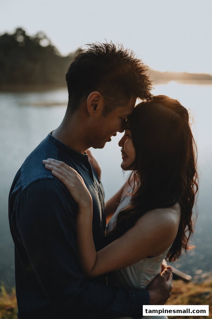A loving couple embraces by a lake at sunset, capturing a tender moment for their wedding story.