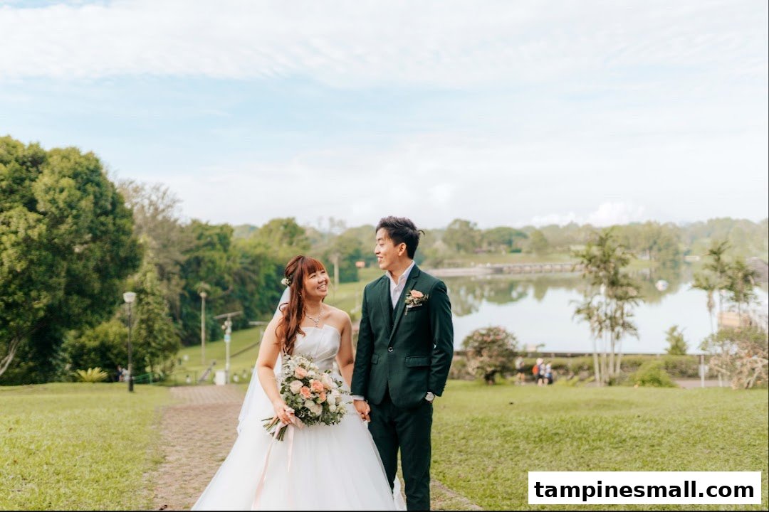 A happy couple in wedding attire holding hands in a scenic outdoor park with a lake.