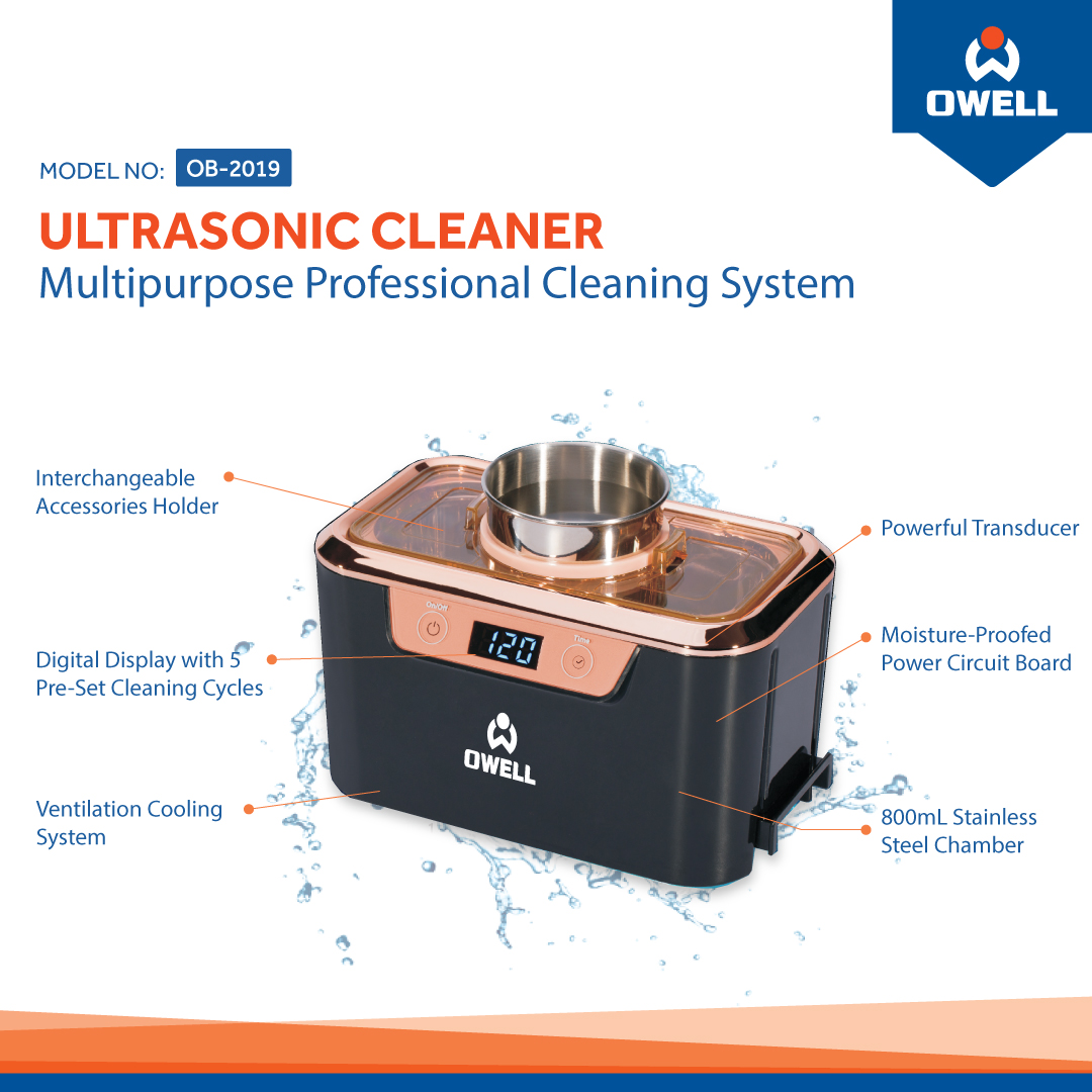 An OWELL OB-2019 Ultrasonic Cleaner showcasing its features and specifications.