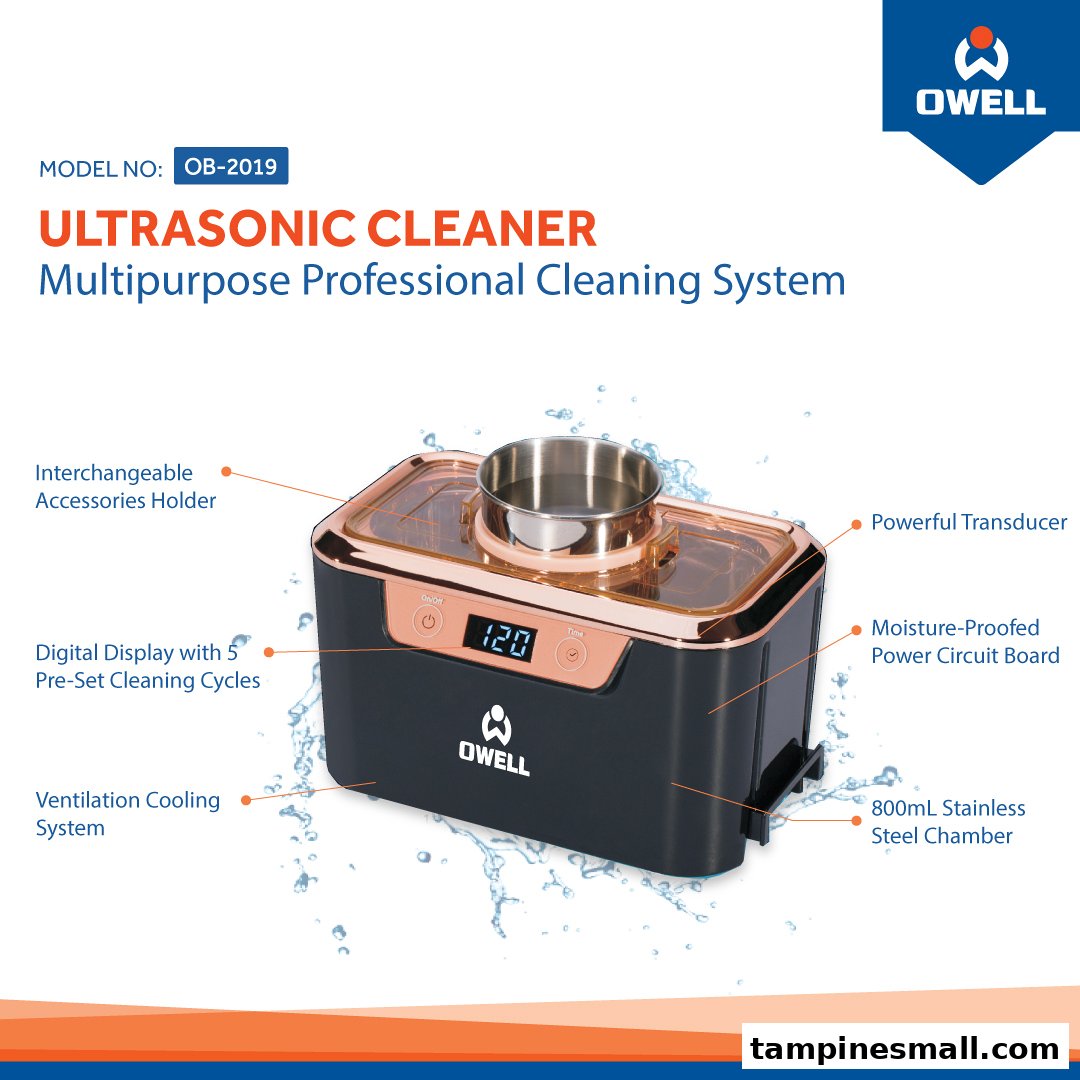 An OWELL OB-2019 Ultrasonic Cleaner showcasing its features and specifications.