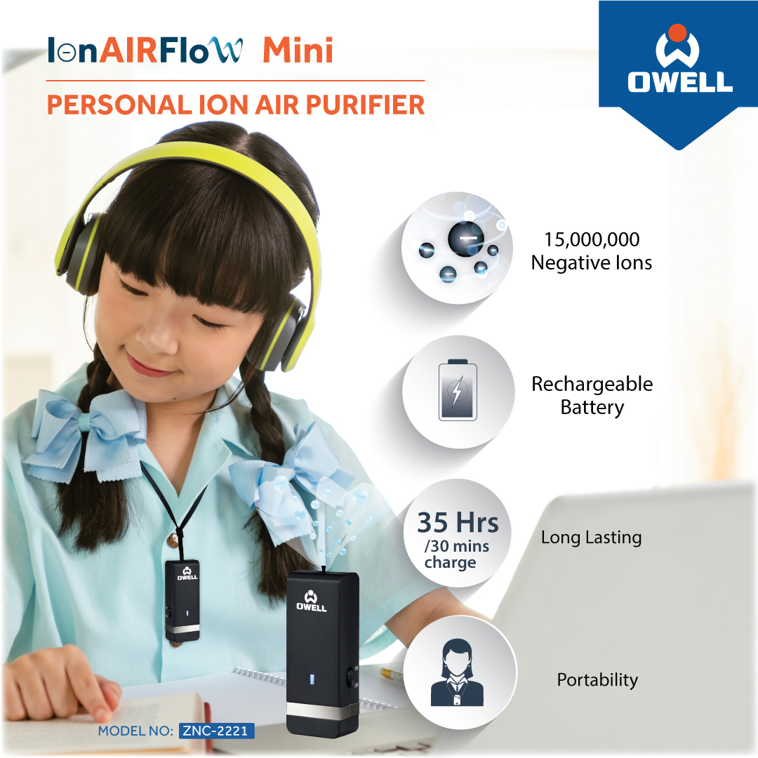 A child uses the OWELL IonAIRFlow Mini personal air purifier, highlighting its key features.