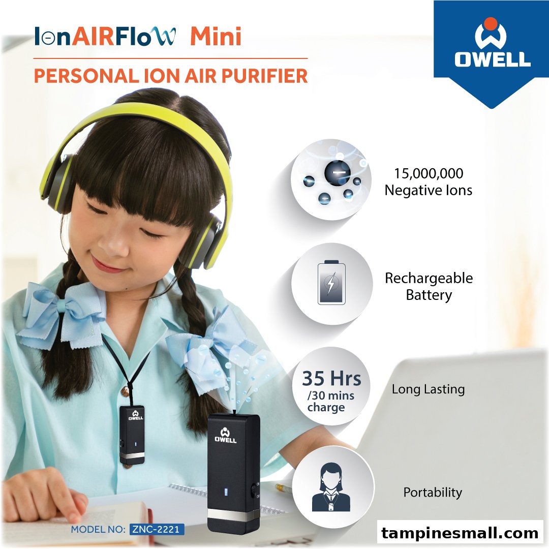 A child uses the OWELL IonAIRFlow Mini personal air purifier, highlighting its key features.