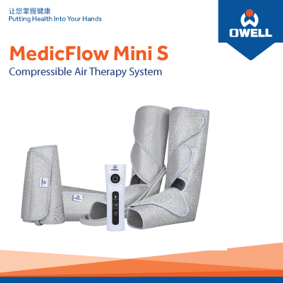 Image showcasing the OWELL MedicFlow Mini S, a compressible air therapy system, with its components.