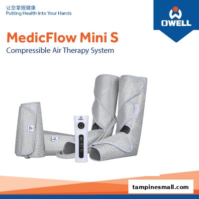 Image showcasing the OWELL MedicFlow Mini S, a compressible air therapy system, with its components.