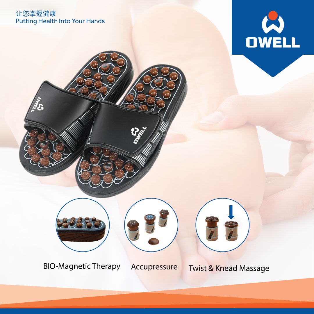 A pair of OWELL massage sandals featuring bio-magnetic therapy and acupressure points.